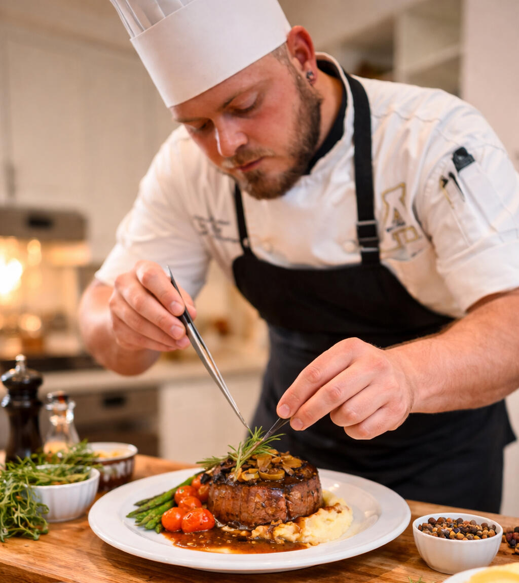 Executive Chef Matthew Meehan plating a multi-course dinner at a Boone NC vacation rental