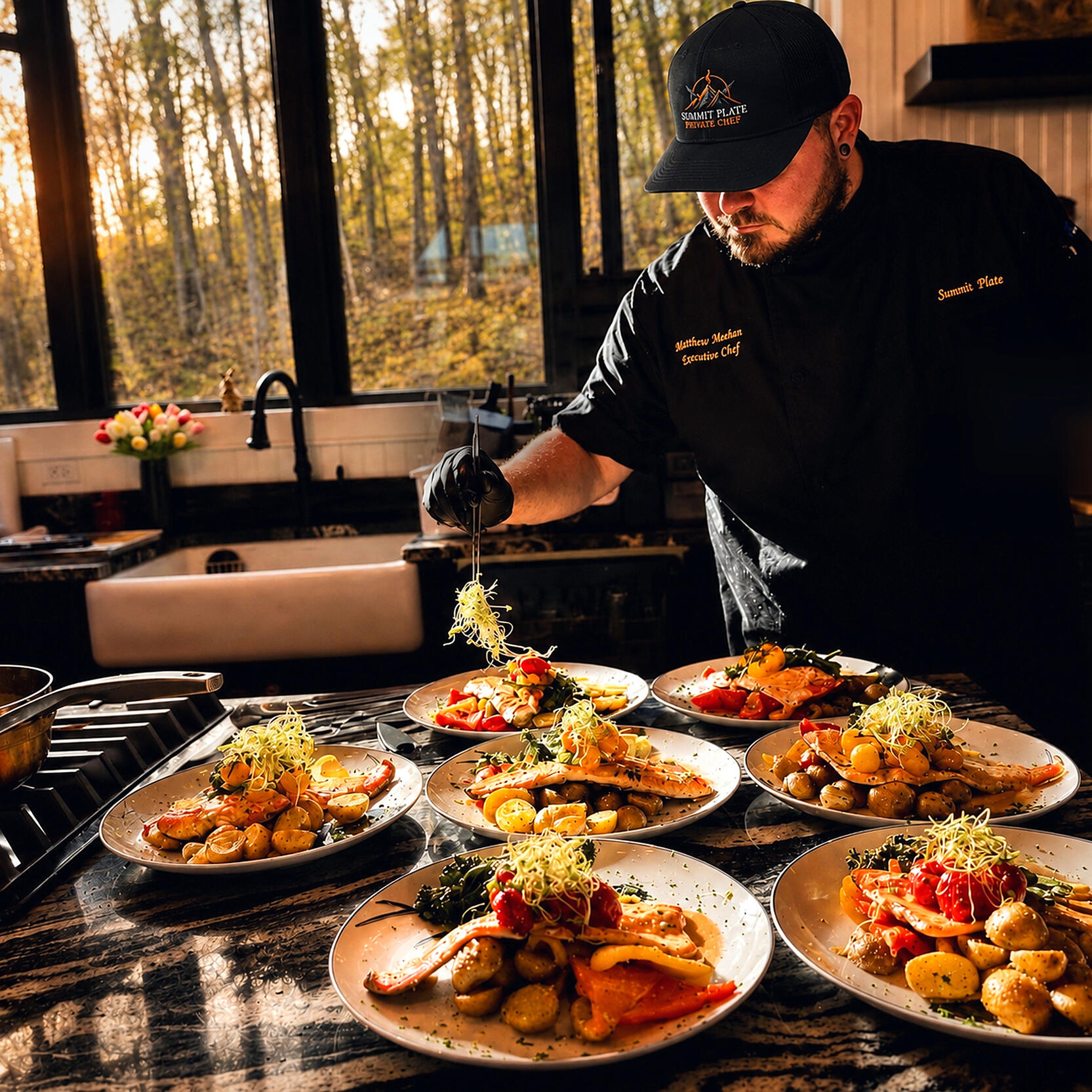 Chef Matthew Meehan of Summit Plate plating a private dinner for seven guests in a High Country mountain home